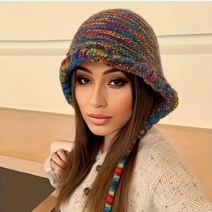 Knit bonnet hat rainbow detached hooded head cover multicolor